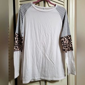Large White Baseball Tee with Stripe & Cheetah Detailing